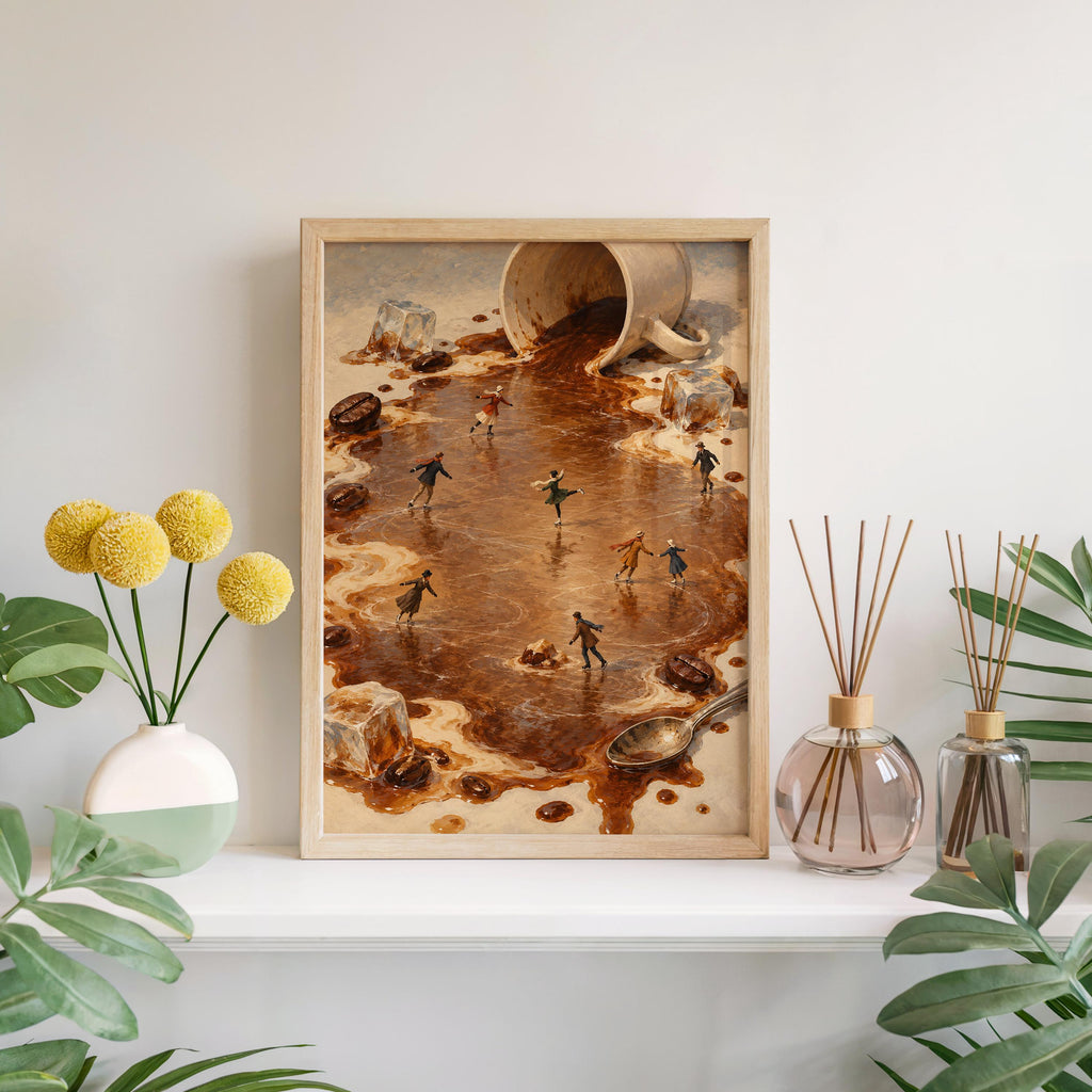 Tiny Ice Skaters Coffee Print, Miniature People Wall Art, Surreal Winter Skating Poster, Coffee Lover Kitchen Cafe Decor
