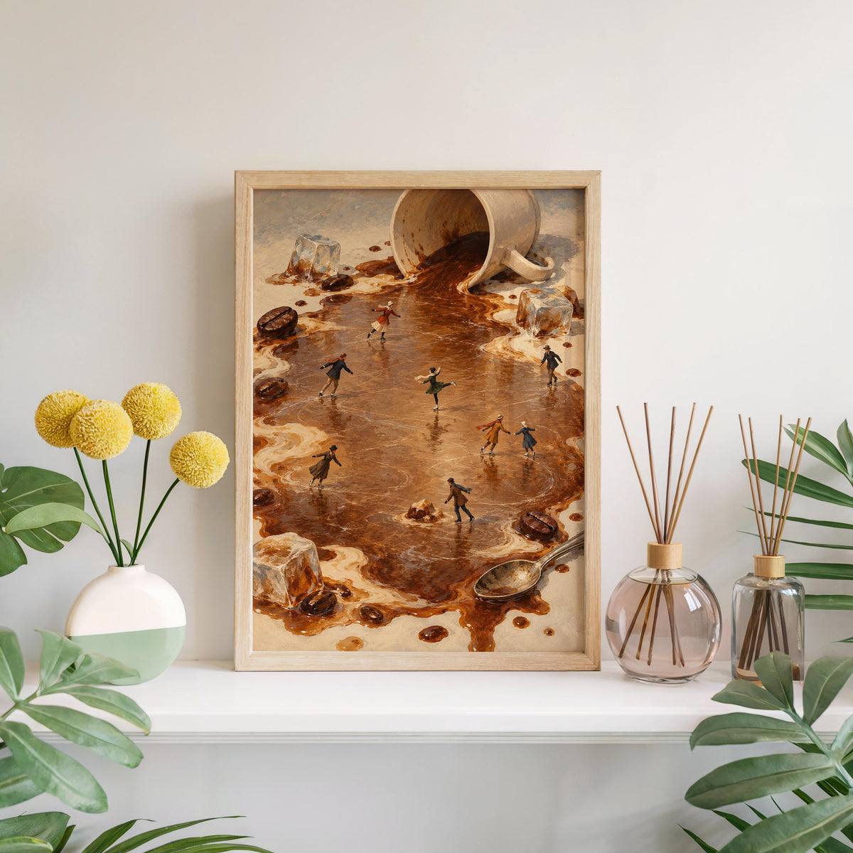 Tiny Ice Skaters Coffee Print, Miniature People Wall Art, Surreal Winter Skating Poster, Coffee Lover Kitchen Cafe Decor