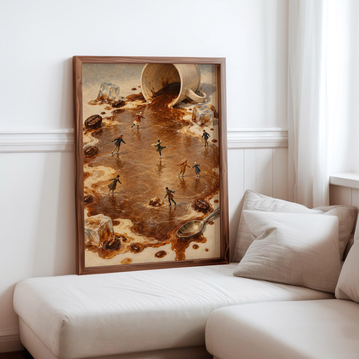 Tiny Ice Skaters Coffee Print, Miniature People Wall Art, Surreal Winter Skating Poster, Coffee Lover Kitchen Cafe Decor