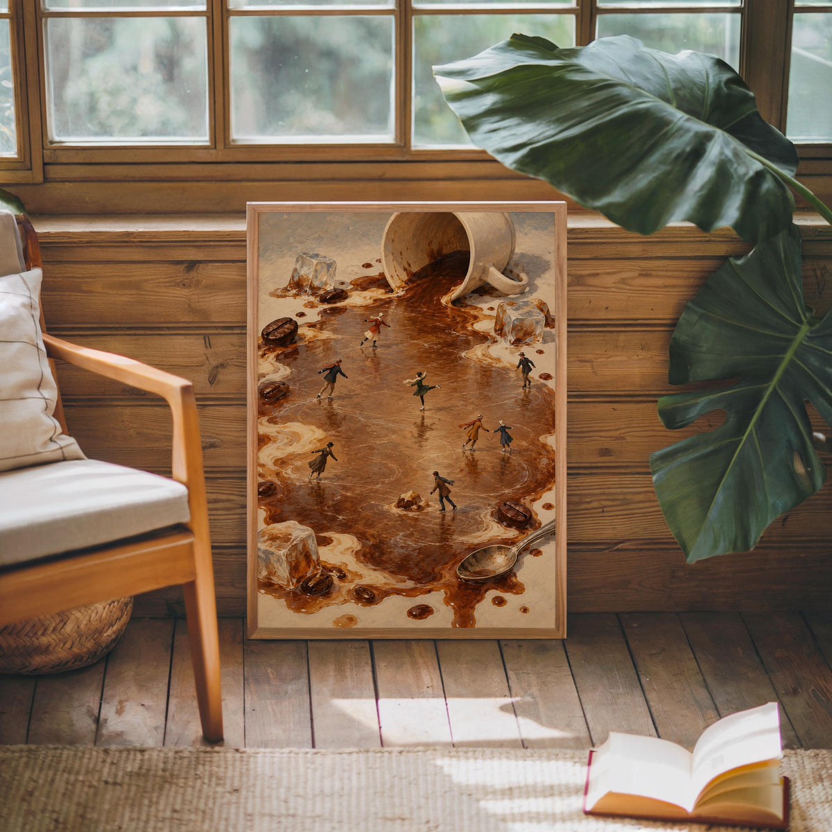 Tiny Ice Skaters Coffee Print, Miniature People Wall Art, Surreal Winter Skating Poster, Coffee Lover Kitchen Cafe Decor