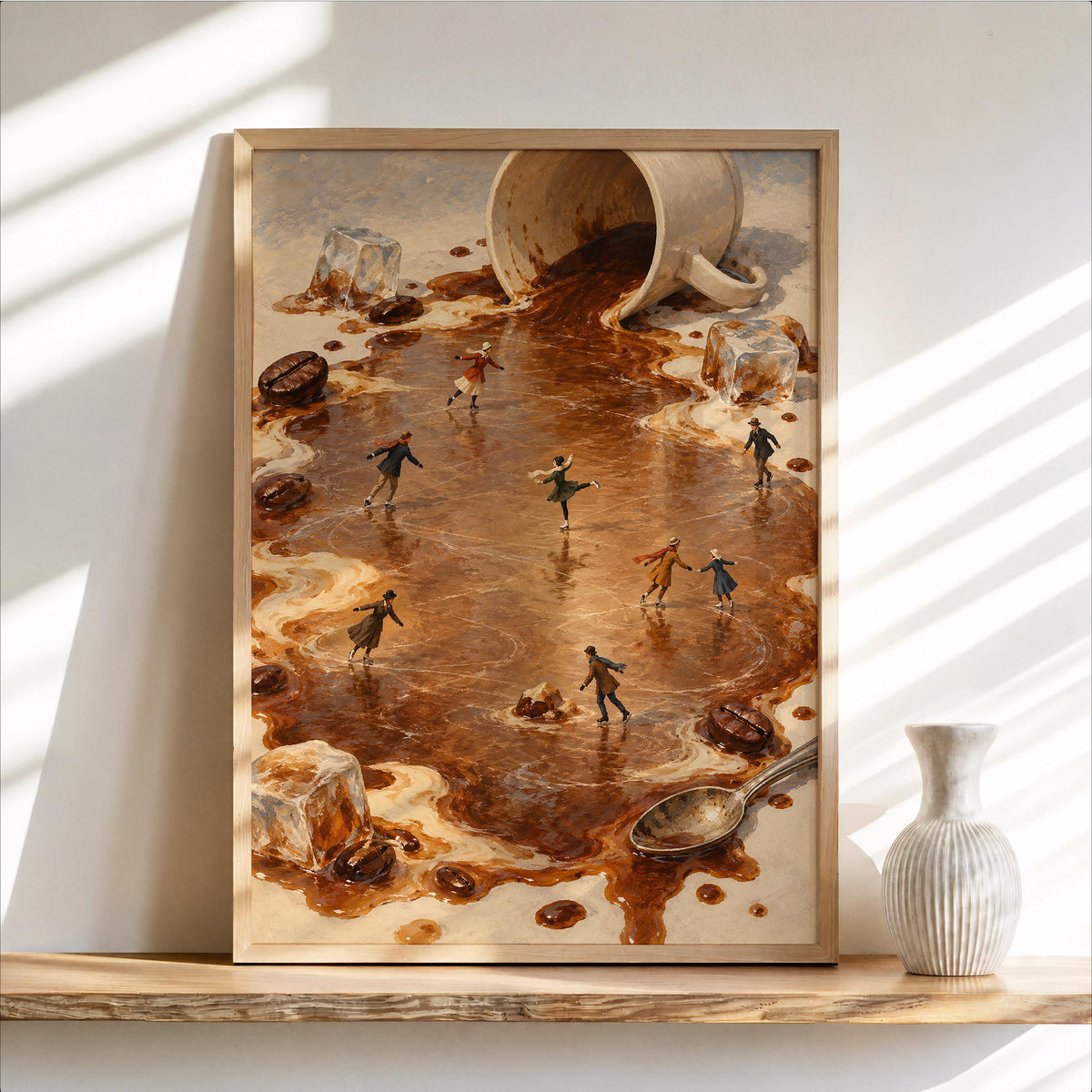 Tiny Ice Skaters Coffee Print, Miniature People Wall Art, Surreal Winter Skating Poster, Coffee Lover Kitchen Cafe Decor