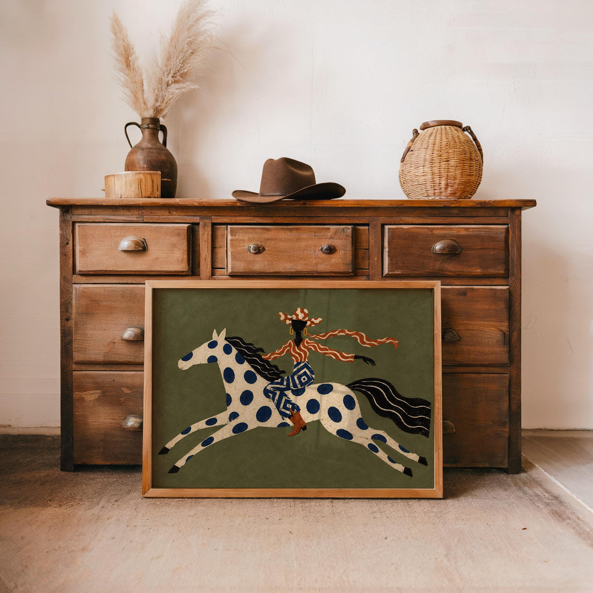 Abstract Cowgirl Horse Rider Print, Western Equestrian Wall Art, Cowboy Home Decor, Eclectic Ranch Style Poster