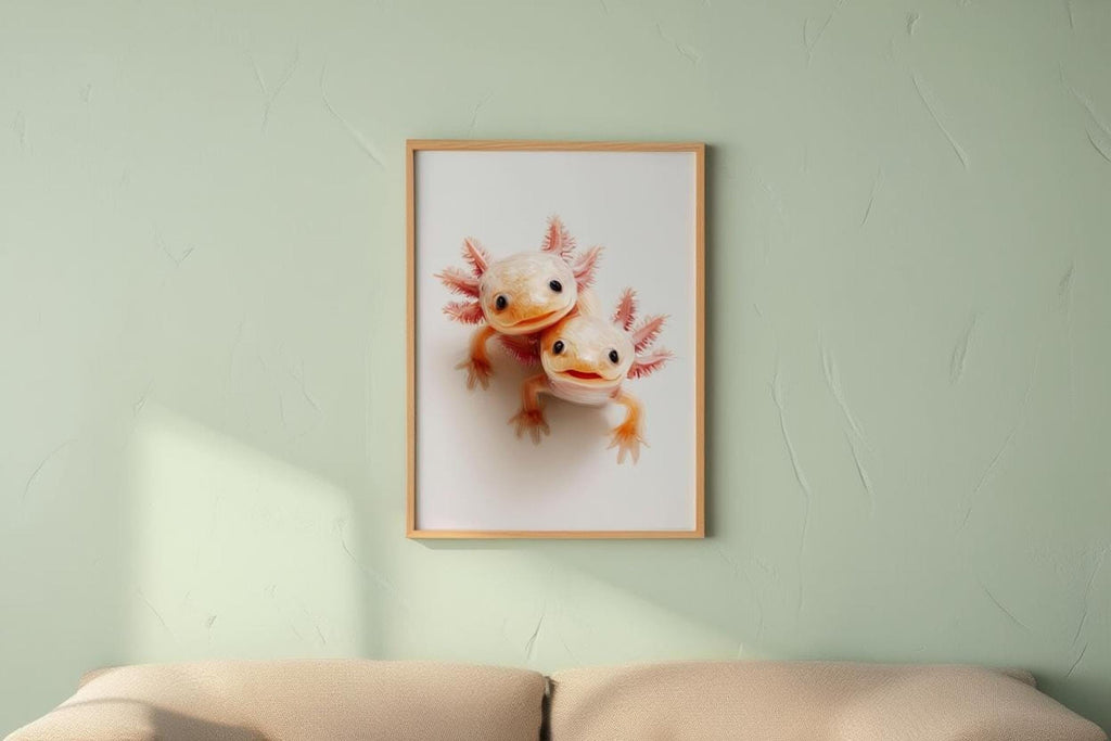 Framed axolotl print above sofa on mint wall, soft whimsical pastel nursery wall decor