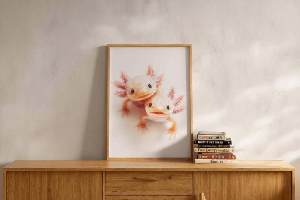 Framed axolotl art on wooden dresser, muted gray backdrop, whimsical animal wall art vibe