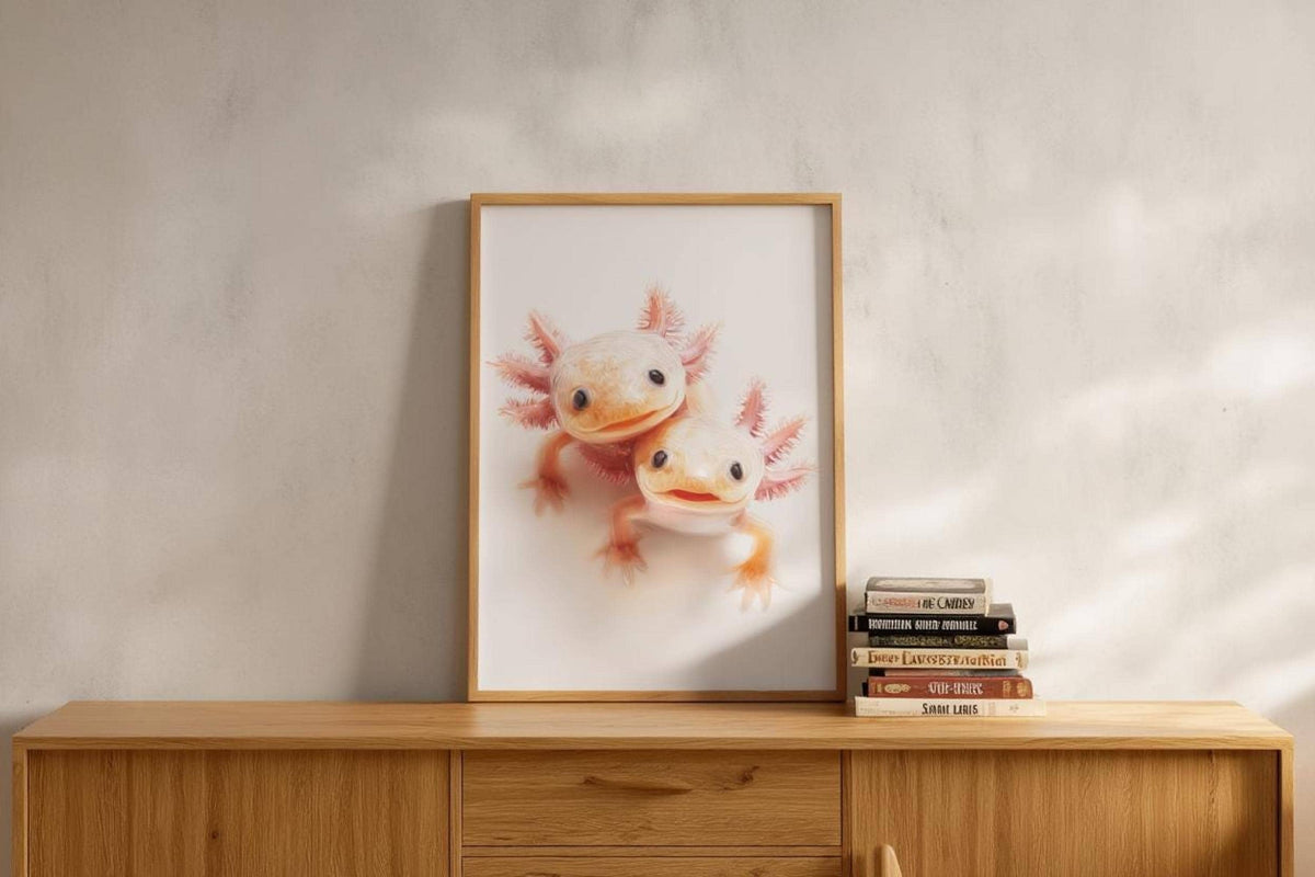 Framed axolotl art on wooden dresser, muted gray backdrop, whimsical animal wall art vibe
