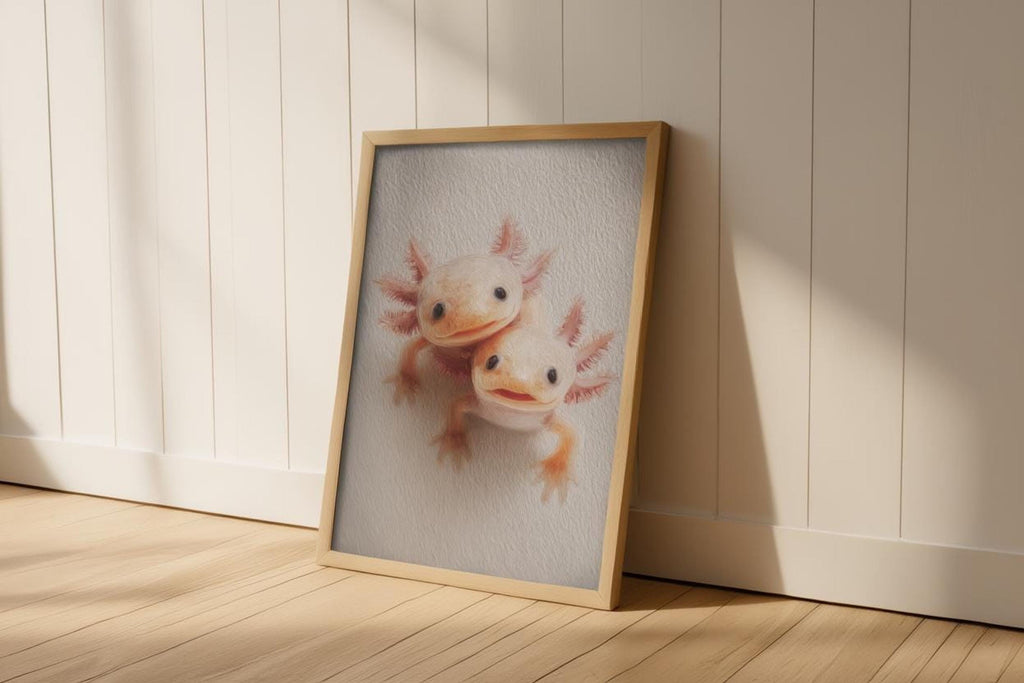 Frame angled against white paneling, long shadows, charming axolotl lover gift mockup