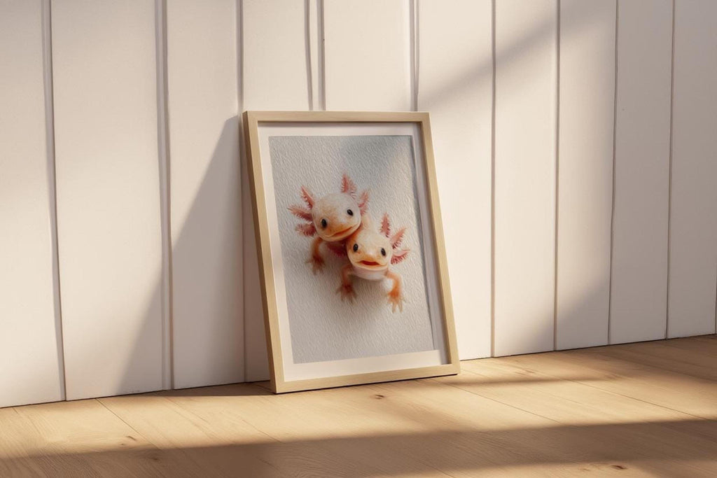 Frame tucked in corner with paneled wall, sun stripes across, cute axolotl wall art mood