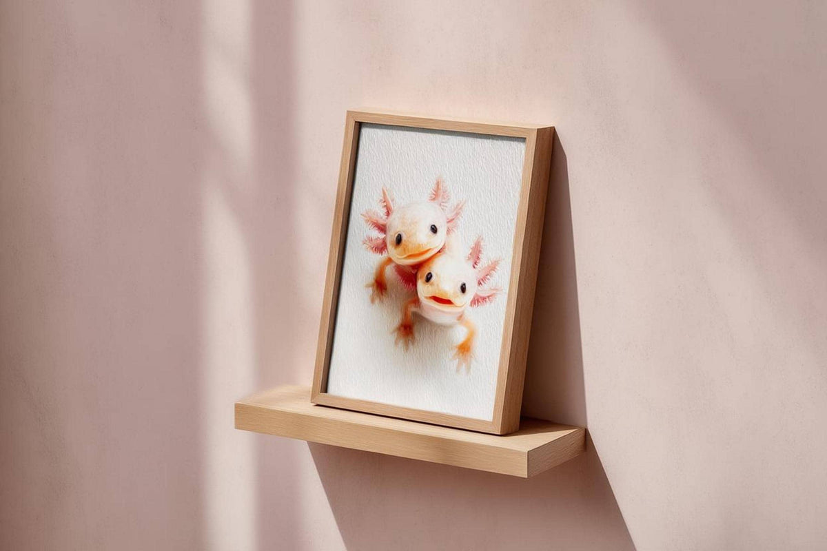 Framed axolotl print perched on tiny wooden shelf, blush wall, delicate axolotl art print