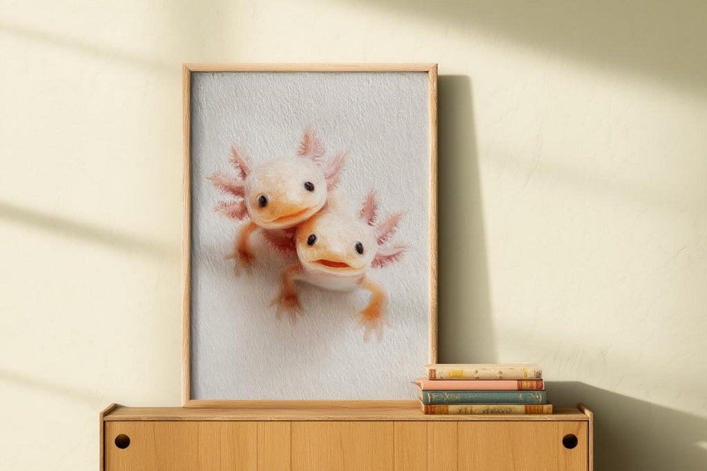 Axolotl print resting on wooden cabinet with books, warm sunbeam, cute axolotl poster look