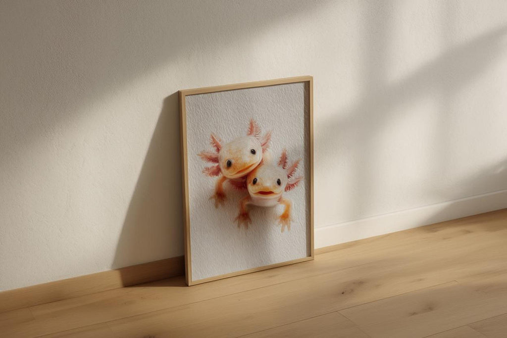 Leaning frame on floor against warm beige wall, crisp shadow emphasizes axolotl digital download