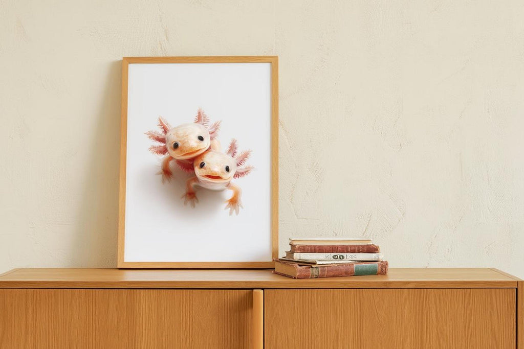 Framed axolotl art on dresser beside stacked books, clean neutral styling, axolotl art print