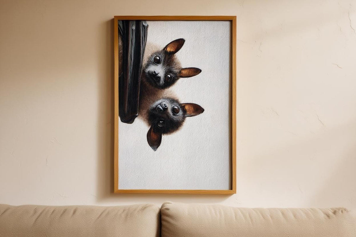 Hanging fruit bat wall art above a sofa, neutral palette, whimsical animal wall art with charm