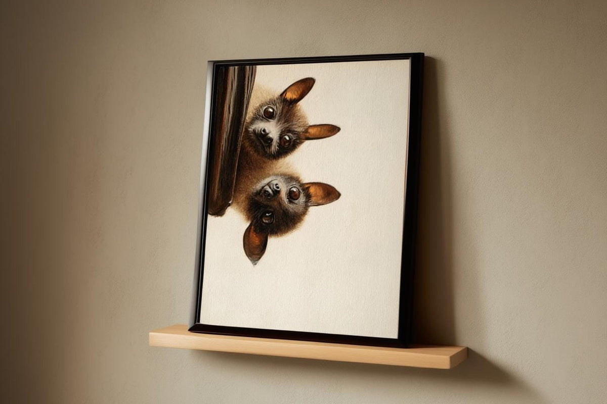 Bat wall art print on a small floating shelf, soft gray backdrop, two bats peeking downward