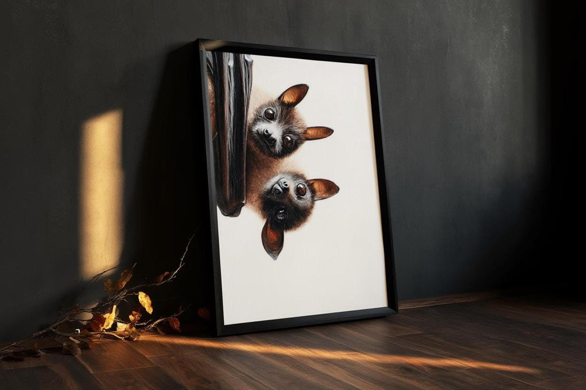 Gothic animal print leaning on dark floor, dramatic shadow play highlights the bats' expressive faces