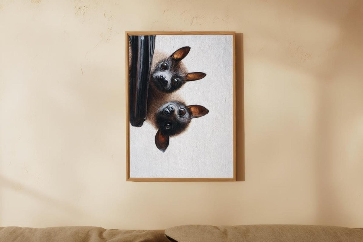Centered fruit bat wall art hung on a pale wall, balanced composition, detailed flying fox fur texture