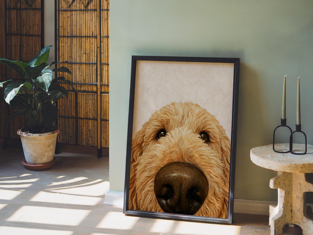 Goldendoodle Wall Art, Funny Dog Nose Beige Portrait, Golden Doodle Print, Pet Lover Gift, Dog Mom Decor, Whimsical Animal Poster