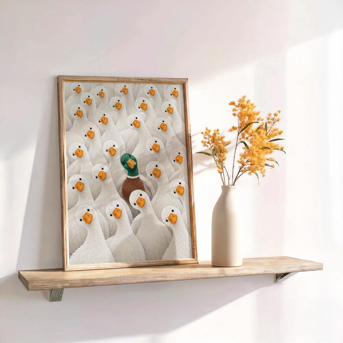 Funny Duck Wall Art, Mallard Among White Ducks Print, Quirky Bathroom Animal Poster, Bird Lover Kitchen Decor, Eclectic Canvas