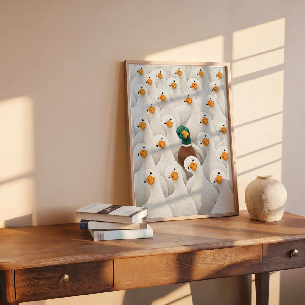 Funny Duck Wall Art, Mallard Among White Ducks Print, Quirky Bathroom Animal Poster, Bird Lover Kitchen Decor, Eclectic Canvas