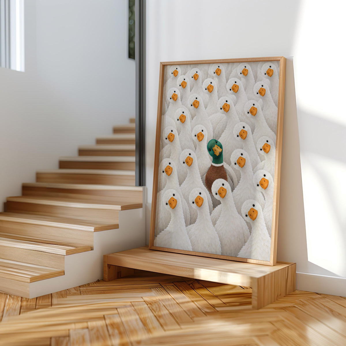 Funny Duck Wall Art, Mallard Among White Ducks Print, Quirky Bathroom Animal Poster, Bird Lover Kitchen Decor, Eclectic Canvas