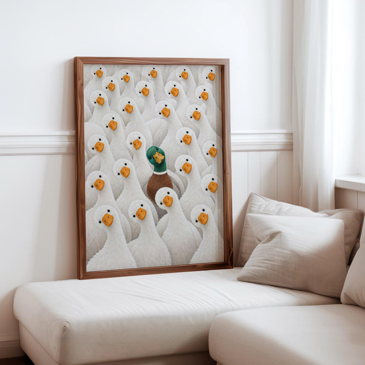 Funny Duck Wall Art, Mallard Among White Ducks Print, Quirky Bathroom Animal Poster, Bird Lover Kitchen Decor, Eclectic Canvas