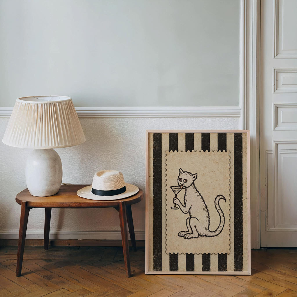 Medieval Cat Martini Wall Art, Weird Ugly Renaissance Animal Print, Cocktail Poster, Funny Pet Decor, Quirky Bar Cart, History Lover Gift