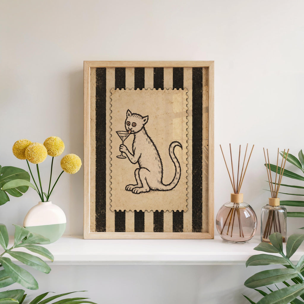 Medieval Cat Martini Wall Art, Weird Ugly Renaissance Animal Print, Cocktail Poster, Funny Pet Decor, Quirky Bar Cart, History Lover Gift
