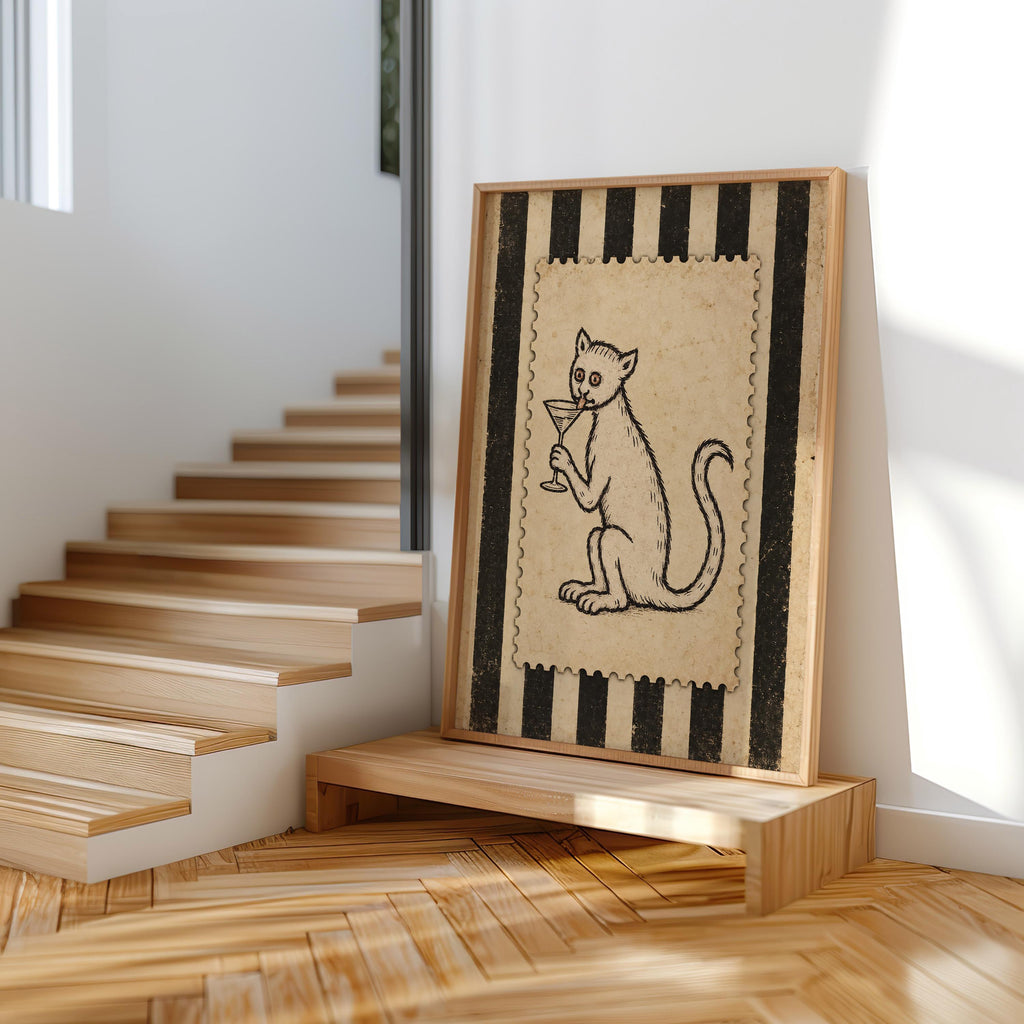 Medieval Cat Martini Wall Art, Weird Ugly Renaissance Animal Print, Cocktail Poster, Funny Pet Decor, Quirky Bar Cart, History Lover Gift
