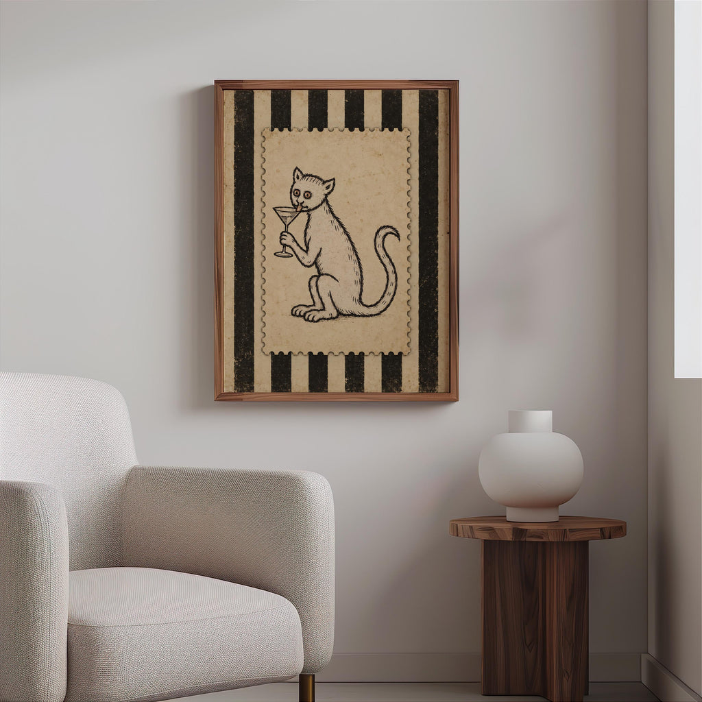 Medieval Cat Martini Wall Art, Weird Ugly Renaissance Animal Print, Cocktail Poster, Funny Pet Decor, Quirky Bar Cart, History Lover Gift