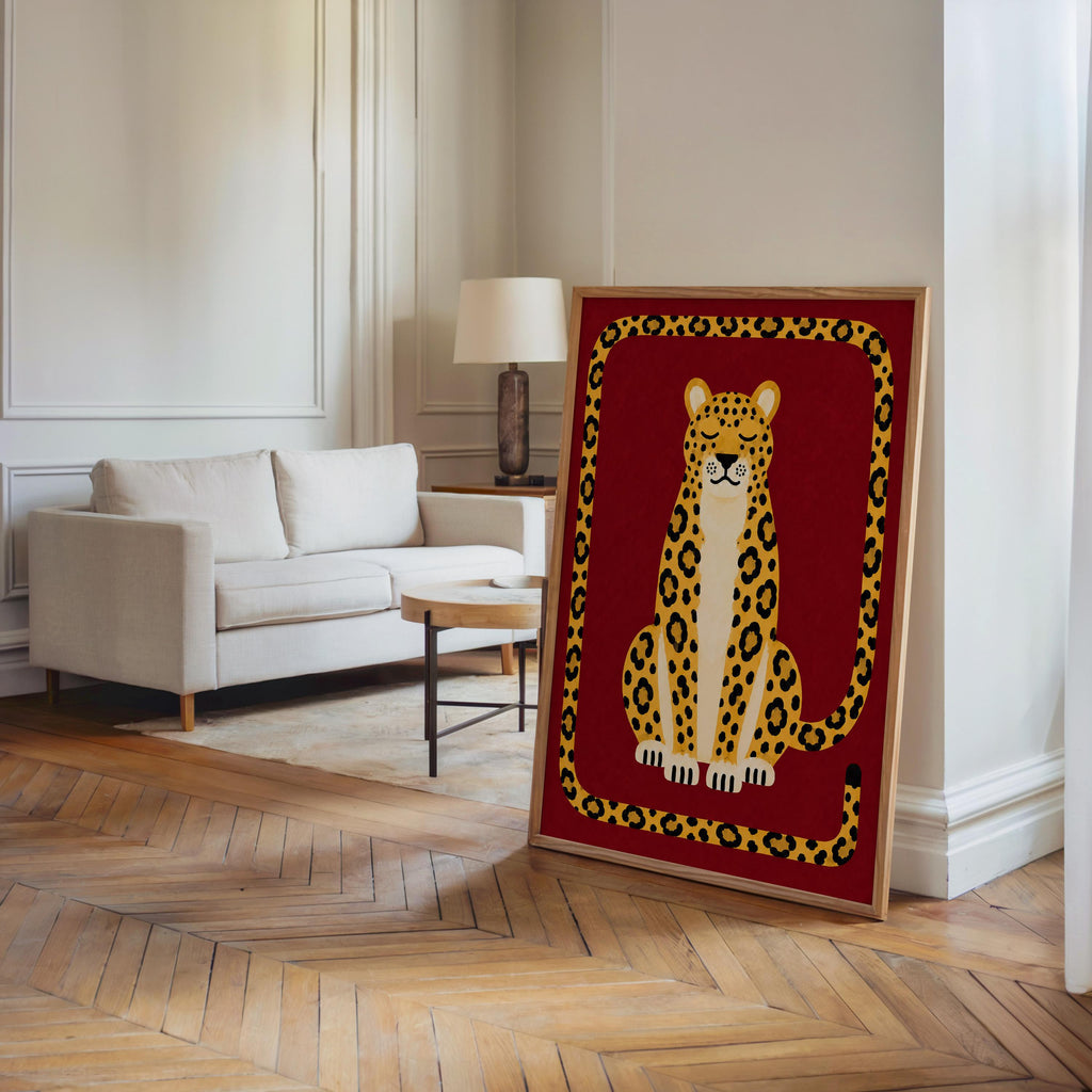 Relaxed Leopard Wall Art, Big Cat Print, Safari Jungle Animal Decor, Eclectic Wildlife Poster, Maximalist Nursery Home Decor