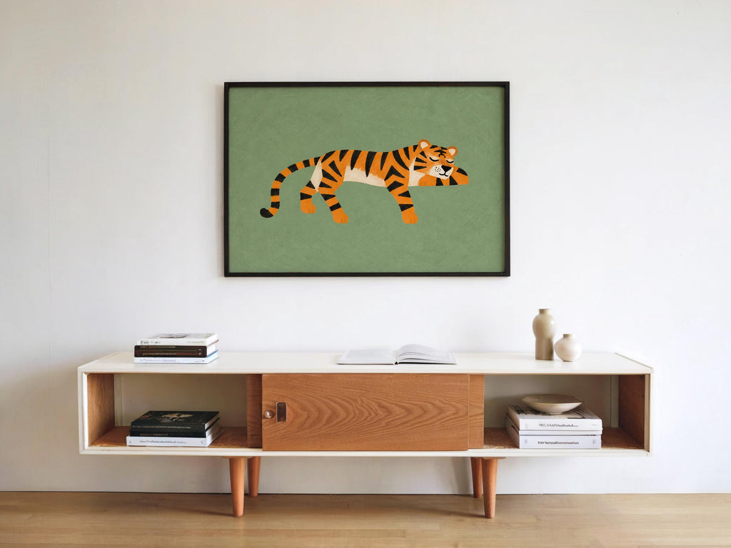 Lounging Tiger Wall Art, Green Big Cat Print, Jungle Animal Poster, Safari Decor, Wildlife Illustration, Whimsical Home Art