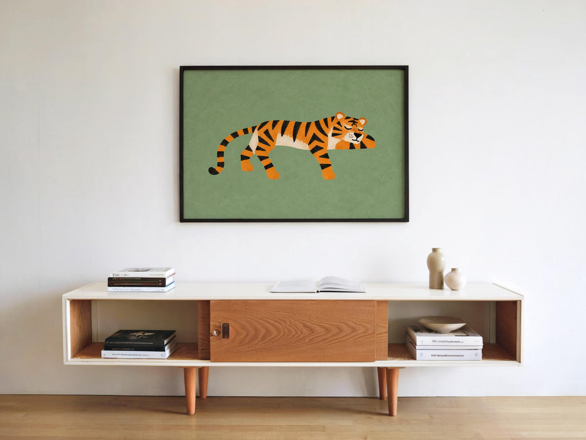 Lounging Tiger Wall Art, Green Big Cat Print, Jungle Animal Poster, Safari Decor, Wildlife Illustration, Whimsical Home Art