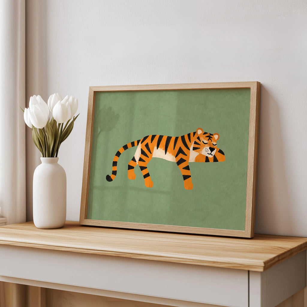 Lounging Tiger Wall Art, Green Big Cat Print, Jungle Animal Poster, Safari Decor, Wildlife Illustration, Whimsical Home Art