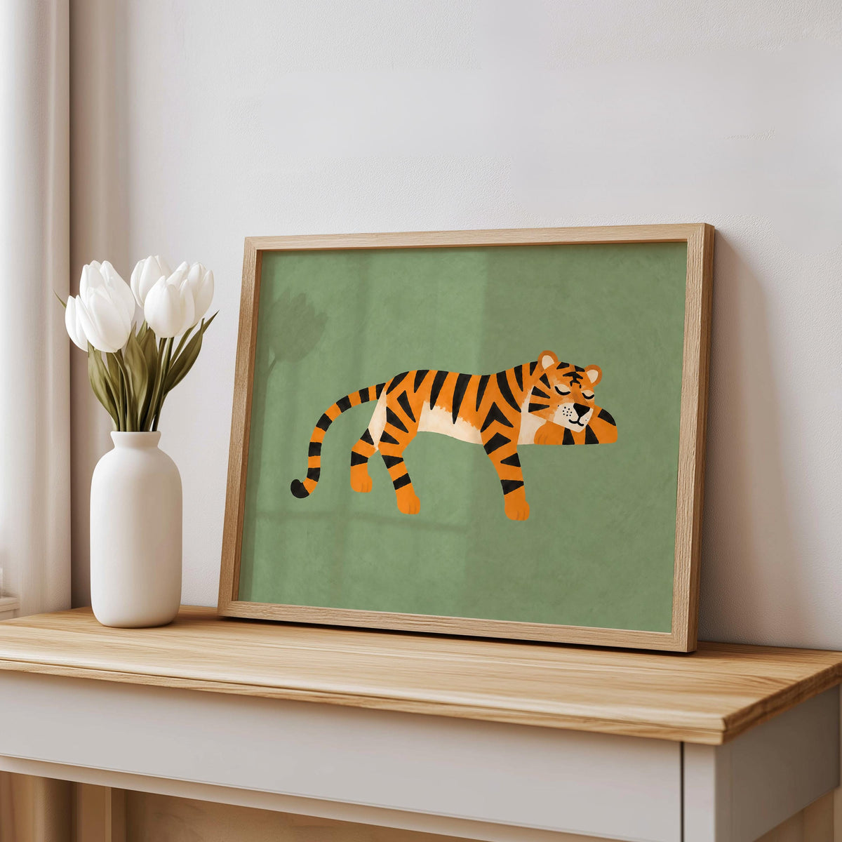 Lounging Tiger Wall Art, Green Big Cat Print, Jungle Animal Poster, Safari Decor, Wildlife Illustration, Whimsical Home Art
