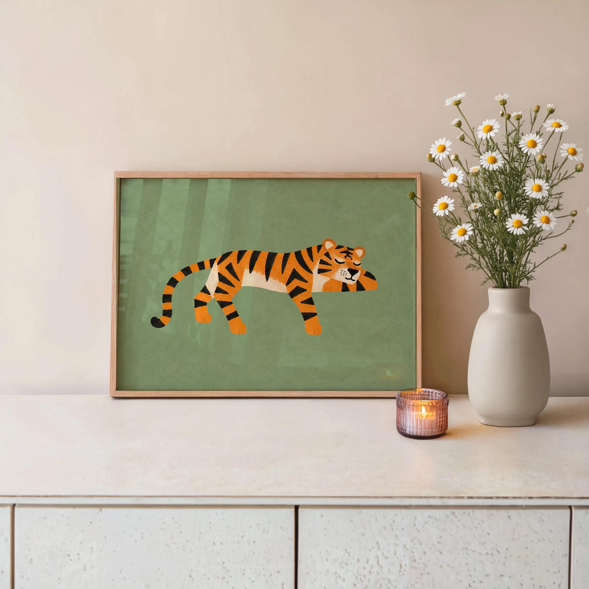 Lounging Tiger Wall Art, Green Big Cat Print, Jungle Animal Poster, Safari Decor, Wildlife Illustration, Whimsical Home Art