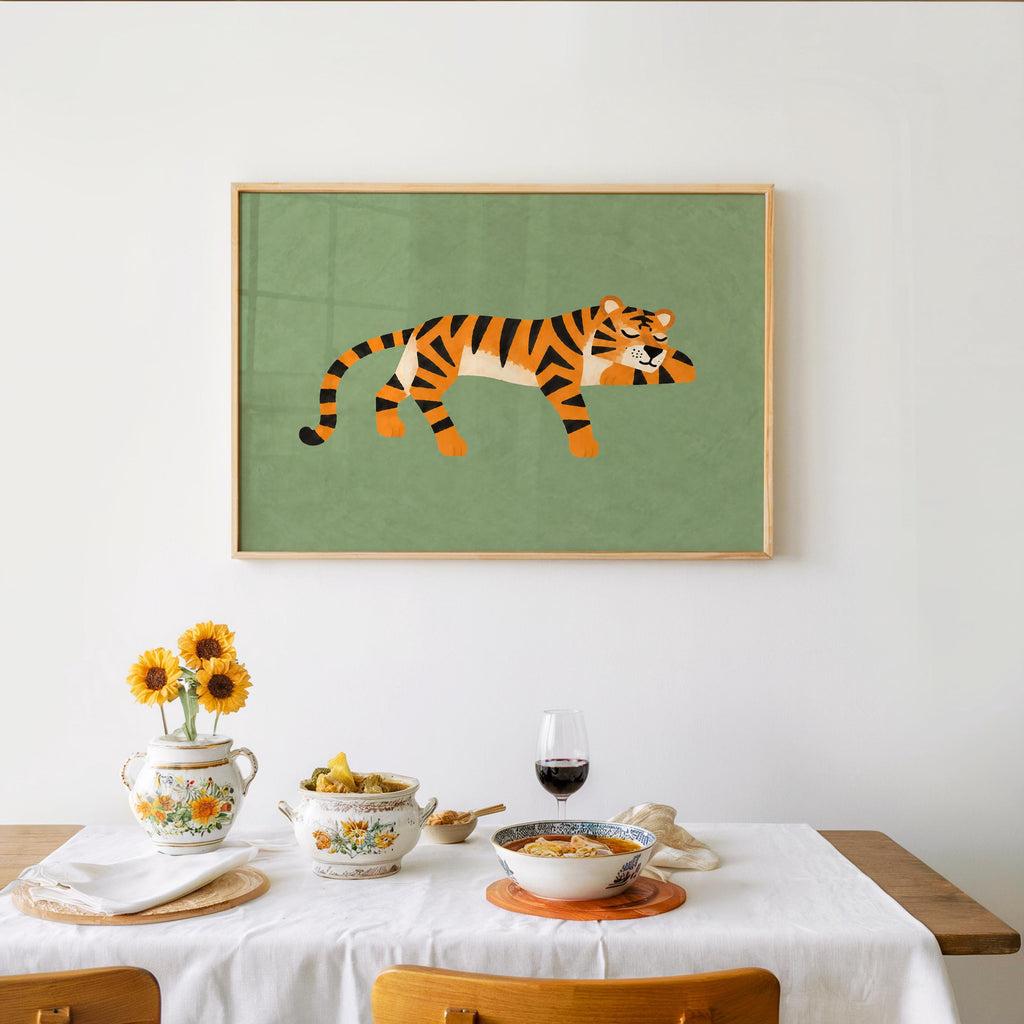 Lounging Tiger Wall Art, Green Big Cat Print, Jungle Animal Poster, Safari Decor, Wildlife Illustration, Whimsical Home Art