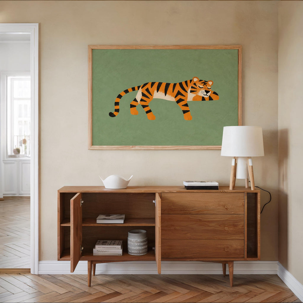 Lounging Tiger Wall Art, Green Big Cat Print, Jungle Animal Poster, Safari Decor, Wildlife Illustration, Whimsical Home Art