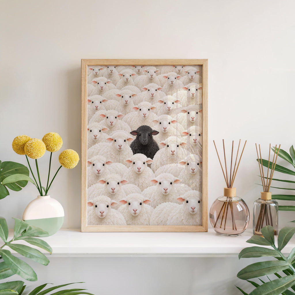 Black Sheep Amongst White Flock Wall Art, Funny Stand Out Print, Cute Farm Animal Decor, Sheep Lover Gift, Cottagecore Nursery Illustration