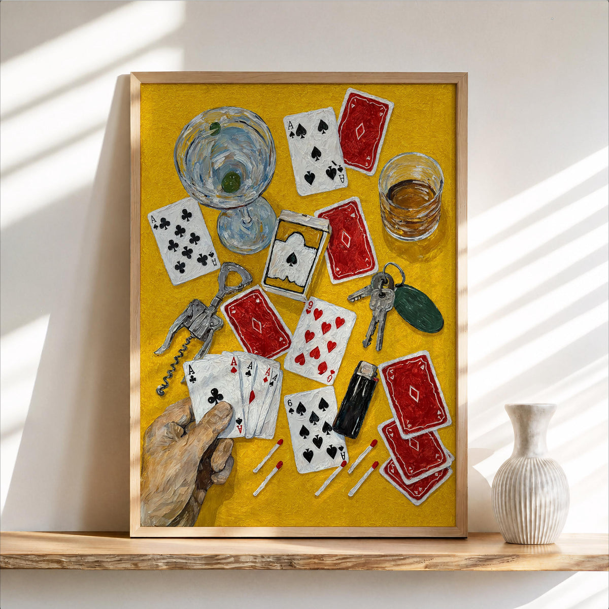 Vintage Poker Still Life Poster, Playing Cards Wall Art, Casino Game Night Decor, Martini Bar Illustration, Retro Gambling Print