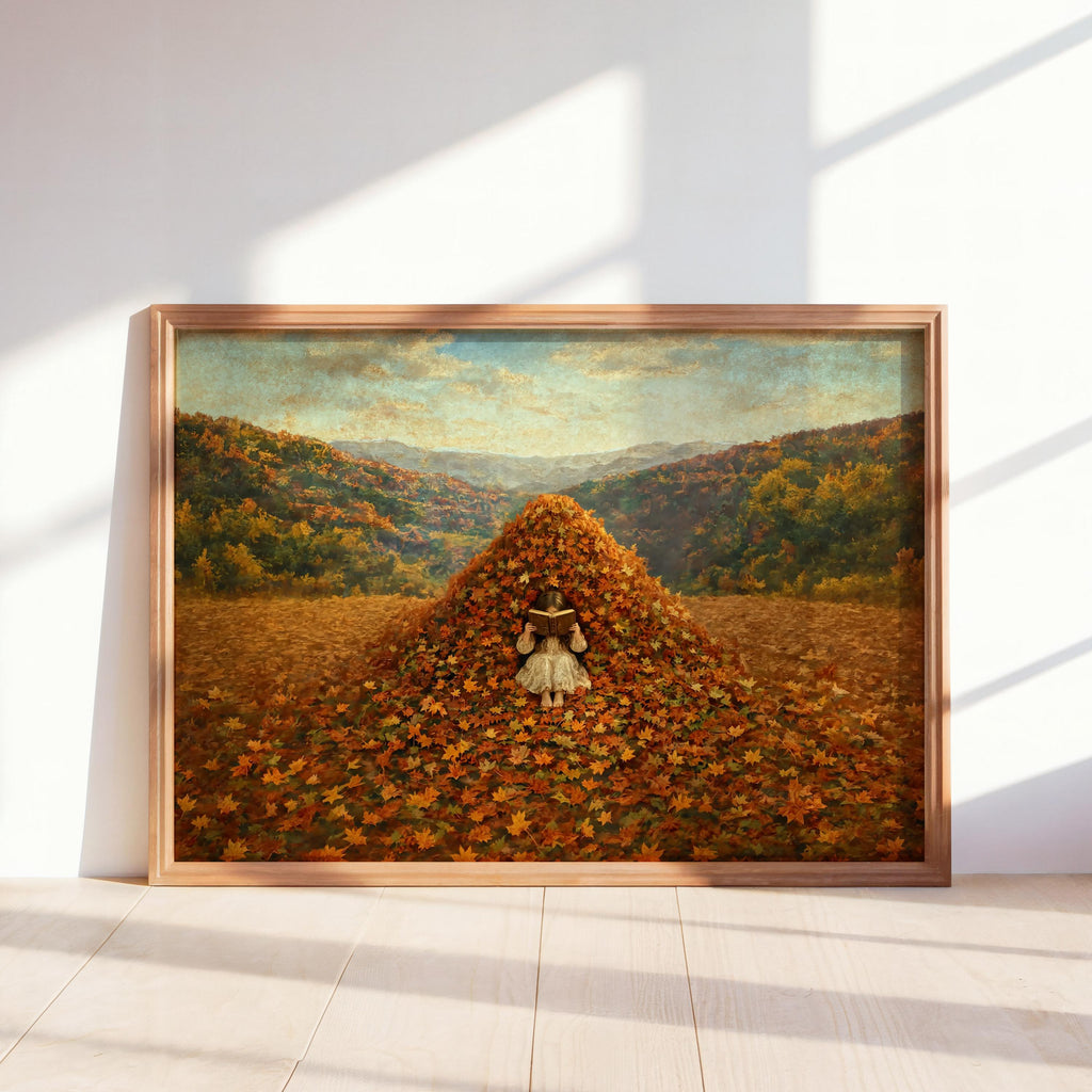Girl Reading in Autumn Poster, Cozy Book Lover Wall Art, Vintage Fall Landscape Illustration, Literary Reading Decor, Warm Season Print