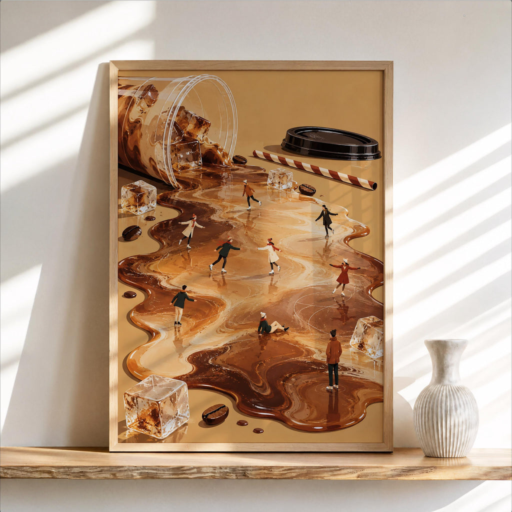 Tiny Ice Skaters on Iced Coffee Wall Art, Miniature People Coffee Poster, Whimsical Winter Cafe Print