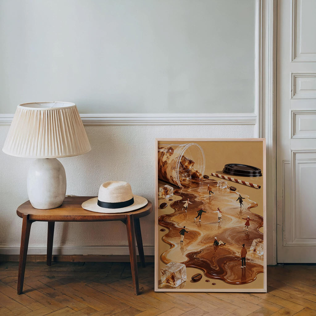 Tiny Ice Skaters on Iced Coffee Wall Art, Miniature People Coffee Poster, Whimsical Winter Cafe Print