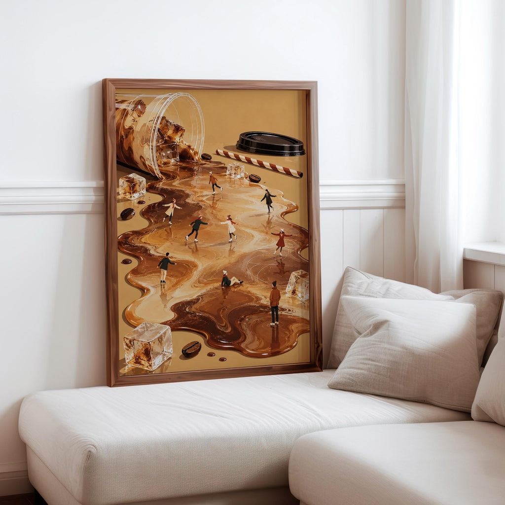 Tiny Ice Skaters on Iced Coffee Wall Art, Miniature People Coffee Poster, Whimsical Winter Cafe Print