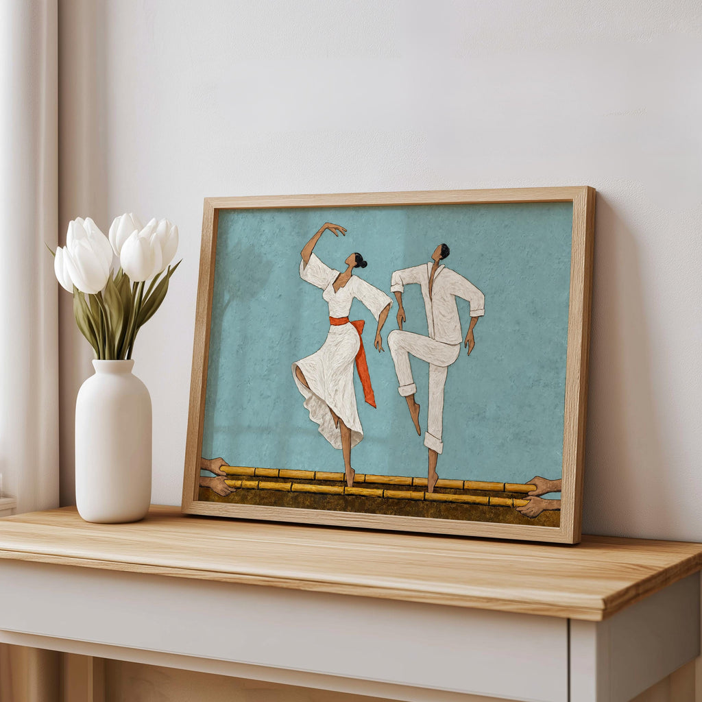 Filipino Tinikling Couple Art Print, Traditional Bamboo Dance Wall Decor, Philippines Culture Folk Art Poster, Asian Dancing Painting