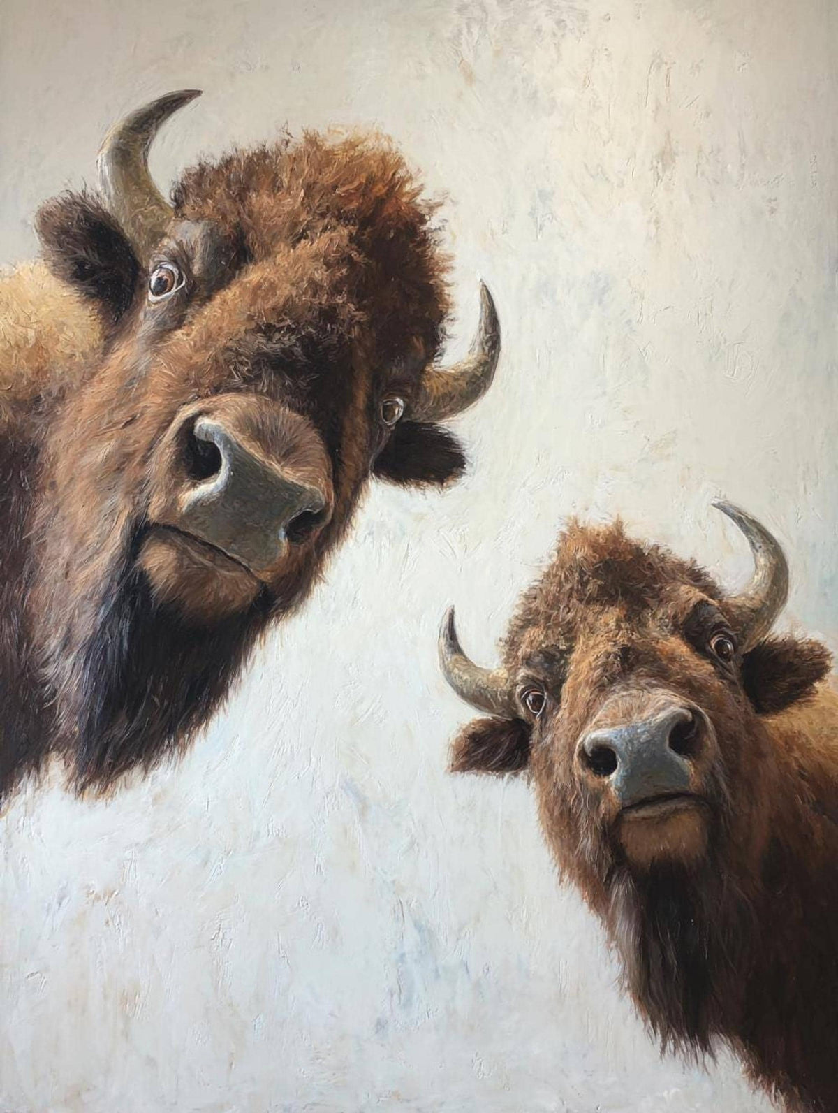 Close crop bison wall art showing textured painterly fur, playful peeking bison faces