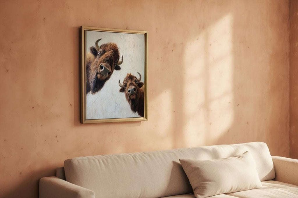 Living room mockup with bison wall art above sofa, rustic western wall art vibe