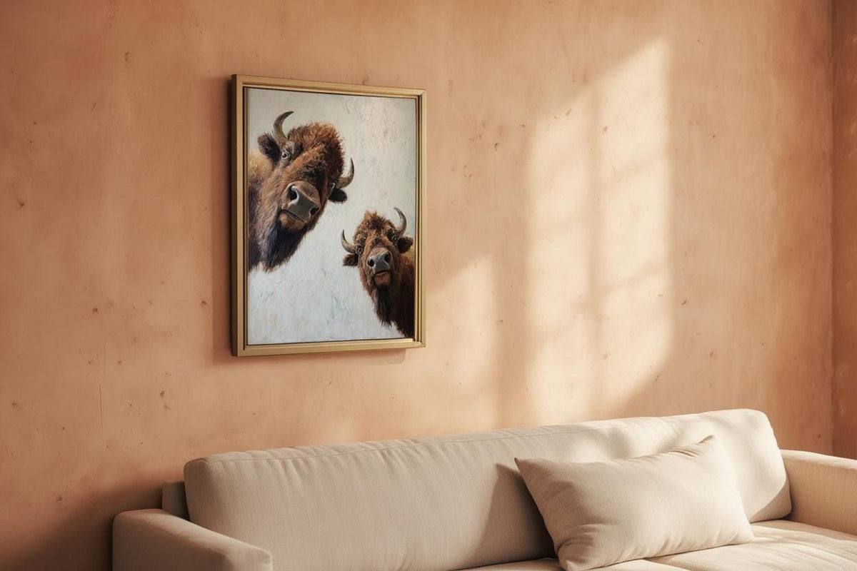 Living room mockup with bison wall art above sofa, rustic western wall art vibe