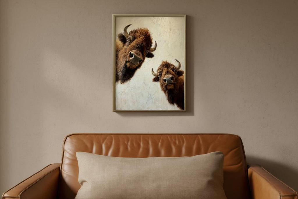 Centered small bison wall art above leather chair, printable bison wall art for nurseries