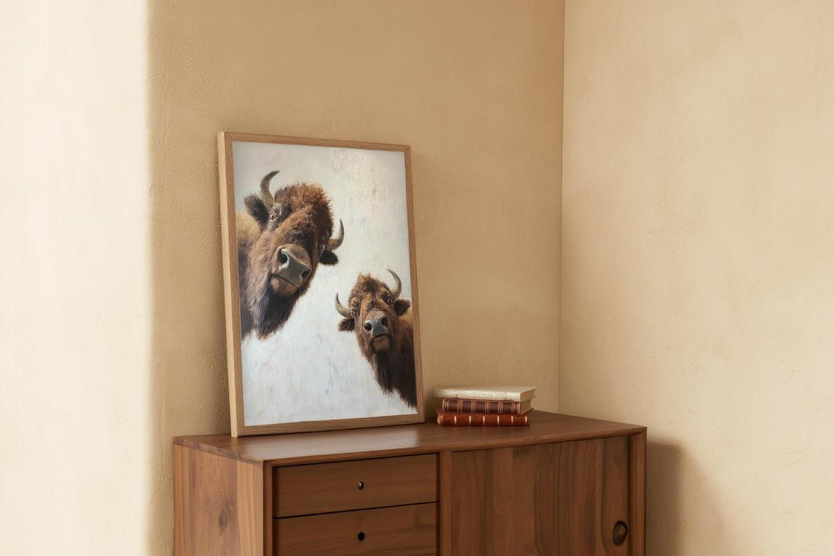 Corner styling with bison wall art on dresser, neutral palette, buffalo wall decor idea