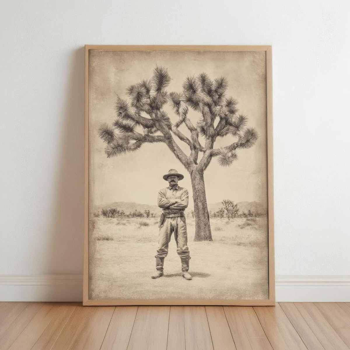 Framed sepia portrait leaning on white wall, vintage cowboy wall art with a lone Joshua Tree, rustic decor