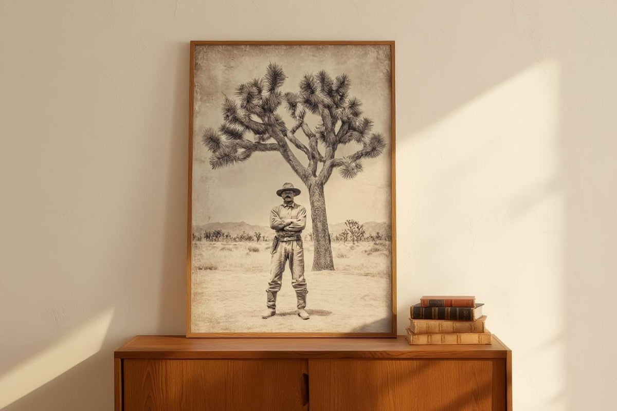 Framed sepia western print on a wooden sideboard, cowboy desert print with Joshua Tree silhouette in warm light